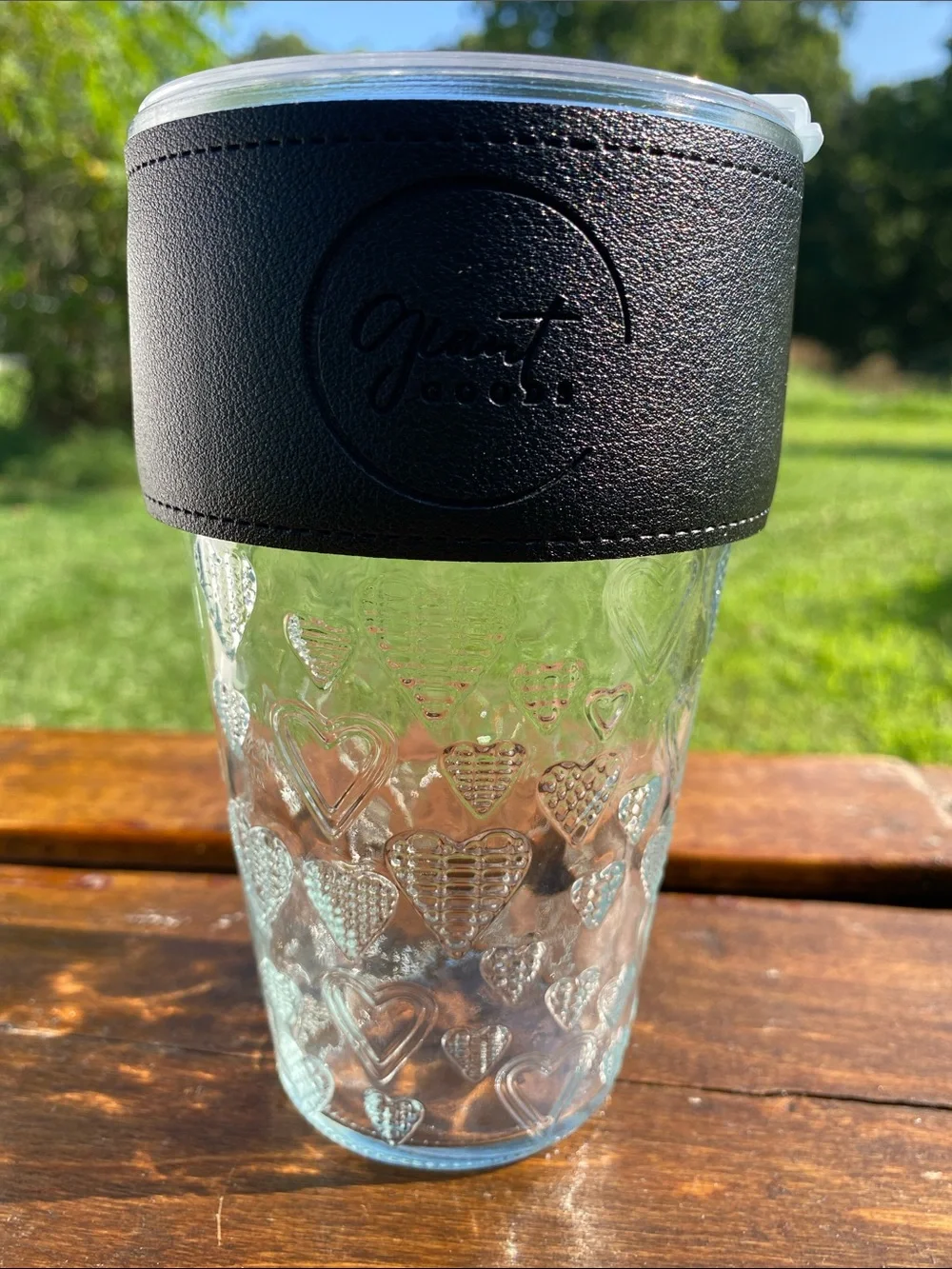 Giant Goods Heart-Embossed Glass Travel Tumbler Faux-Leather Insulating Sleeve